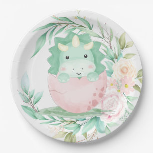 Green Punk Cute Dinosaur Peony Baby shower Papieren Bordje