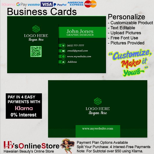 Green QR Code Cartes de visite 22 Pack de 100