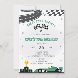 Green Racing Car verjaardagsfeestje uitnodiging