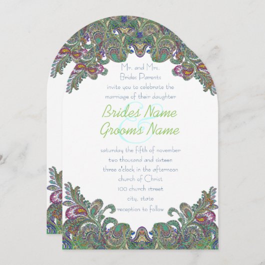 Green Raspberry Blue Mariage damassé Invitation (Devant / Derrière)