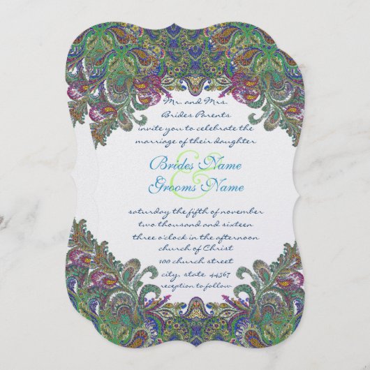 Green Raspberry Blue Mariage damassé Invitation (Devant / Derrière)