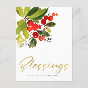 GREEN RED BERRIES WATERVERF CHRISTMAS BLESSINGS FEESTDAGENKAART