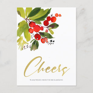 GREEN RED BERRIES WATERVERF CHRISTMAS CHEERS FEESTDAGENKAART