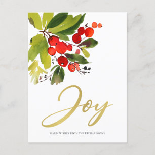 GREEN RED BERRIES WATERVERF CHRISTMAS JOY FEESTDAGENKAART