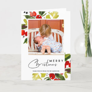 GREEN RED BERRIES WATERVERF MERRY CHRISTMAS PHOTO KAART