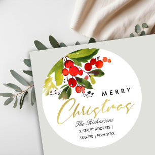 GREEN RED BERRY WATERVERF MERRY CHRISTMAS ADRES RONDE STICKER