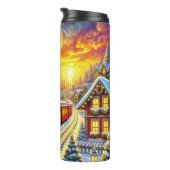 Green Red Christmas Train Village Sunset Thermosbeker (Geroteerd rechts)