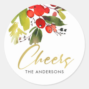GREEN RED HOLY BERRIES WATERVERF CHRISTMAS CHEERS RONDE STICKER