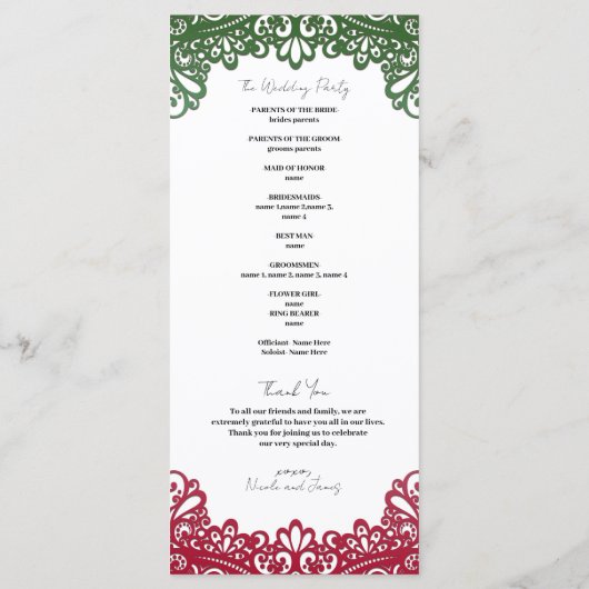 Green & Red Lace Elegant Fiesta Wedding Programme (Dos)