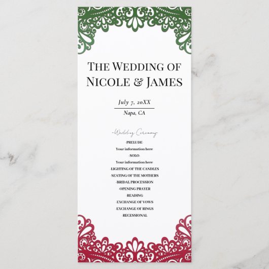 Green & Red Lace Elegant Fiesta Wedding Programme (Devant)