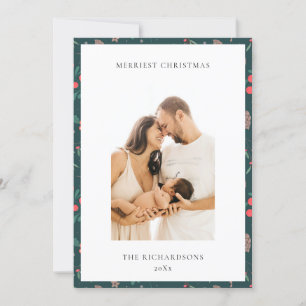 Green Red Merriest Kerstmis Floral Foto Feestdagenkaart