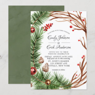 Green Red Pine Branch Wreath Kerstbruiloft Kaart