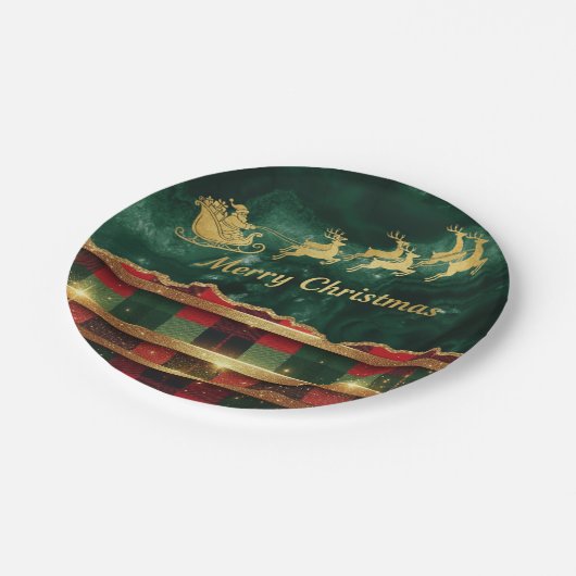 Green Red Plaid Santa Sleigh Merry Christmas Papieren Bordje (Gekanteld)