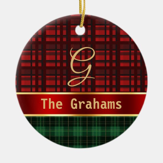 Green Red Pset en Ribbon met naam en Initiaal Keramisch Ornament (Voorkant)