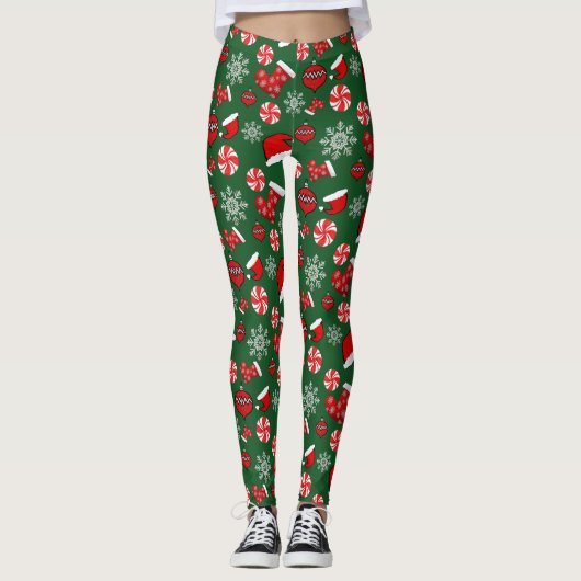 Green Red White Joyeux Joyeux Leggings de Noël (Devant)