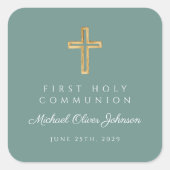 Green Religious Cross Boy First Communion Vierkante Sticker (Voorkant)