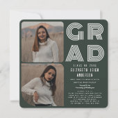 Green Reto Photo Graduation Party Invitation (Devant)
