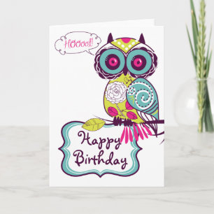 Green Retro Floral Owl Happy Birthday Kaart