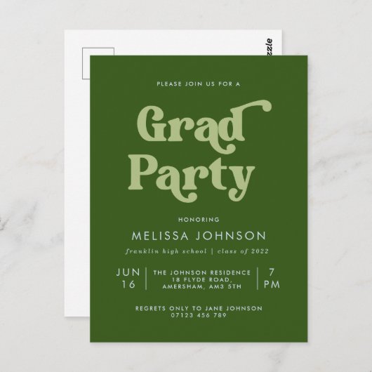 Green Retro Type Grad Party Invitation (Devant / Derrière)