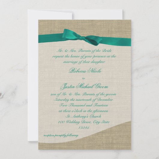Green Ribbon en Burlap Wedding Kaart (Voorkant)