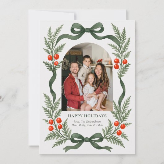 Green Ribbon Holiday Card with Photo Grid on Back Feestdagenkaart (Voorkant)