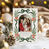 Green Ribbon Holiday Card with Photo Grid on Back Feestdagenkaart