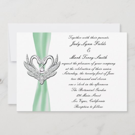 Green Ribbon Silver Swans Invitation Kaart (Voorkant)