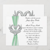Green Ribbon Silver Swans Invitation Kaart (Voorkant / Achterkant)