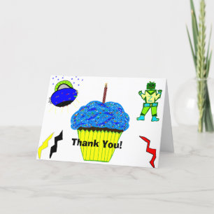 Green Robot Boy Blue Cupcake Birthday Kaart