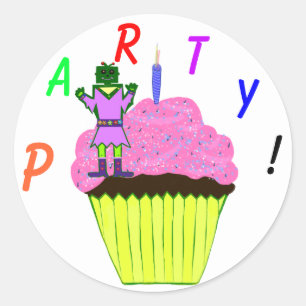 Green Robot Girl en Pink Cupcake Birthday Party Ronde Sticker