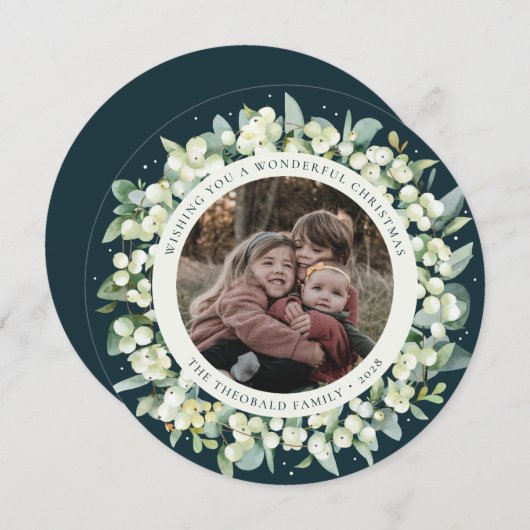 Green Round/Square Snowberry+Eucalyptus Photo Feestdagenkaart (Voorkant / Achterkant)