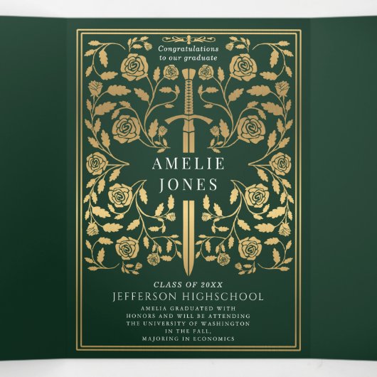 Green Royal Medieval Sword Photo Graduparty Drieluik Uitnodiging (Binnenkant midden)