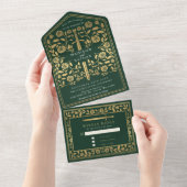 Green Royal Medieval Sword Wedding All In One Uitnodiging (Afscheurbaar)