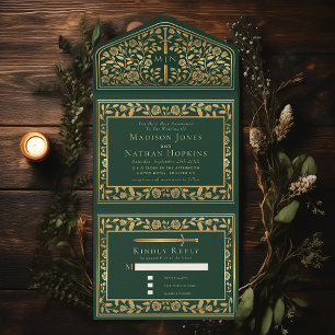 Green Royal Medieval Sword Wedding All In One Uitnodiging