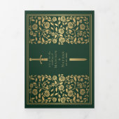 Green Royal Medieval Sword Wedding Drieluik Uitnodiging (Cover)