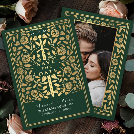 Green Royal Medieval Sword Wedding Photo Save The Date