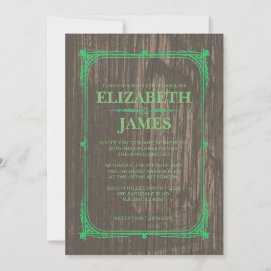 Green Rustic Grange Wood Wedding Invitations (Devant)