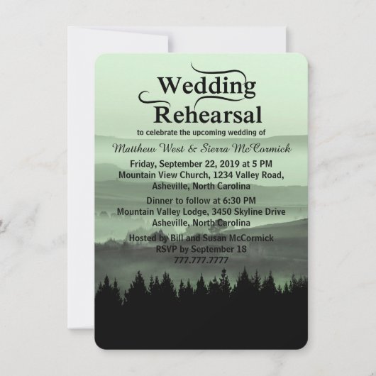 Green Rustic Mountain Wedding Rehearsal Dinner Kaart (Voorkant)