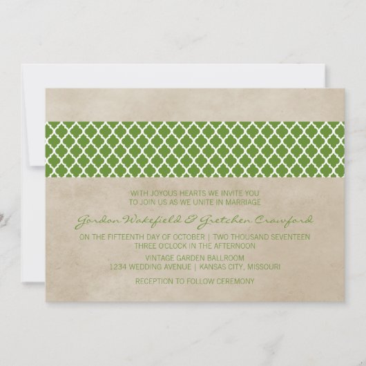 Green Rustic Quatrefoil Mariage Invitation (Devant)