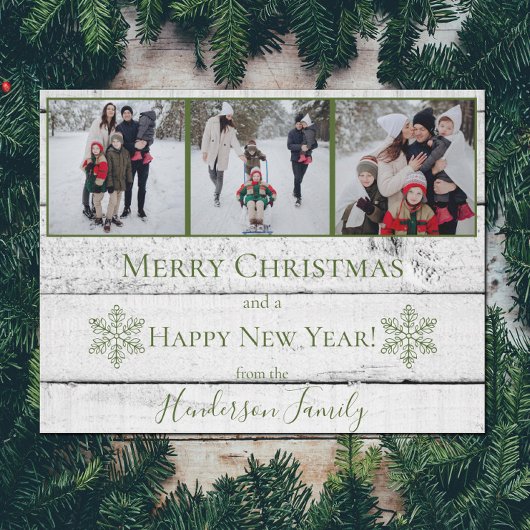 Green Rustic Snowflakes Flat Holiday Carte photo