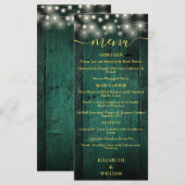 Green Rustic String Lights Barre Wood Menu Mariage (Devant / Derrière)