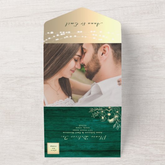 Green Rustic String Lights Wedding All In One Uitnodiging (Buitenkant)