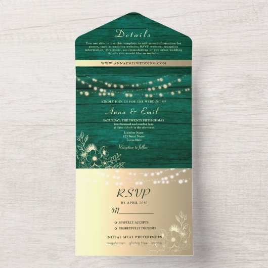 Green Rustic String Lights Wedding All In One Uitnodiging (Binnen)