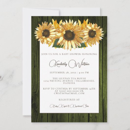 Green Rustic Sunflower Baby shower Invitation Kaart (Voorkant)