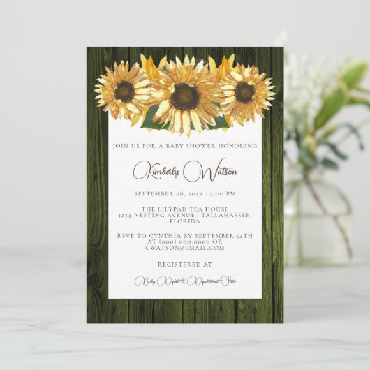 Green Rustic Sunflower Baby shower Invitation Kaart (Staand voorkant)