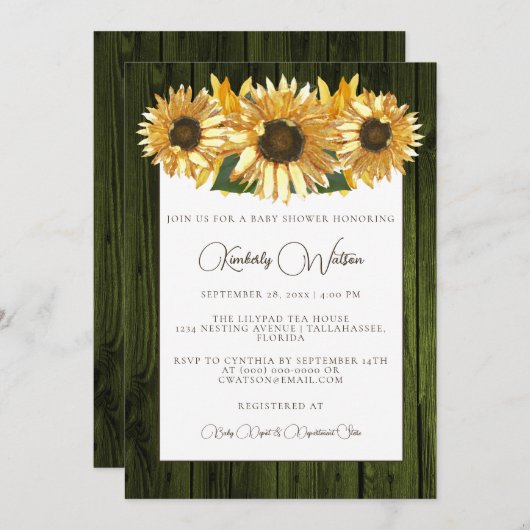 Green Rustic Sunflower Baby shower Invitation Kaart (Voorkant / Achterkant)