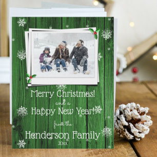 Green Rustic Wooden Flat Holiday Fotokaart Feestdagenkaart