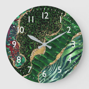 Green Safari Animal Print Faux Glitter Agate Grote Klok