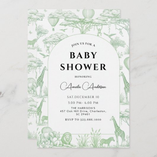 Green Safari Toile De Jouy Boy Baby Shower Kaart (Voorkant / Achterkant)