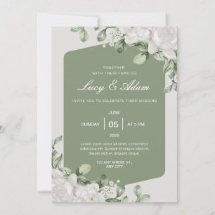 Green Sage White Floral Wedding Invitation Kaart